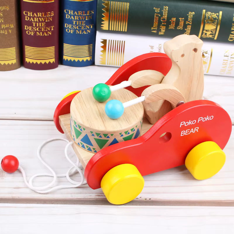 Brinquedo de Puxar Ursinho Tocador de Tambor - Madeira Montessori para Bebês