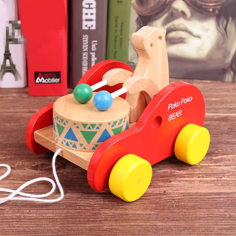 Brinquedo de Puxar Ursinho Tocador de Tambor - Madeira Montessori para Bebês