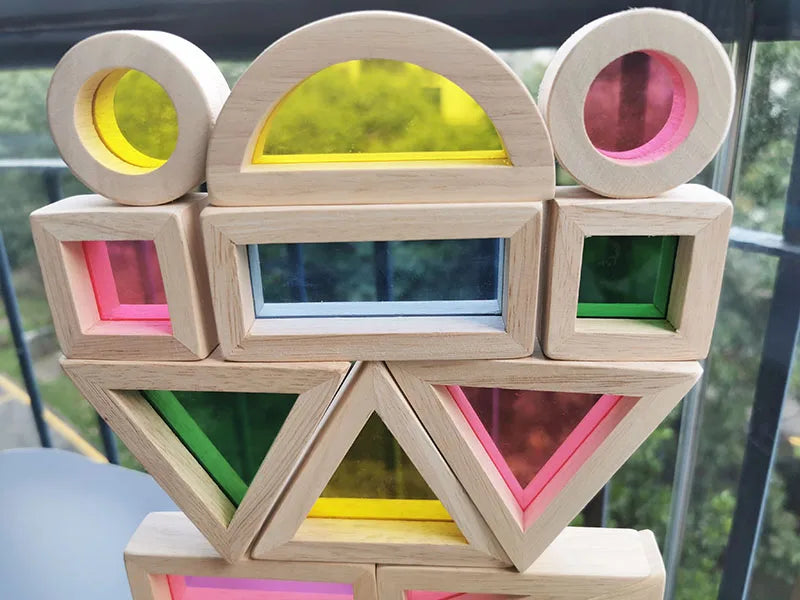 Brinquedo Blocos de Espelho Arco-Íris Montessori em Madeira