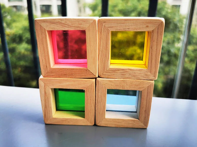 Brinquedo Blocos de Espelho Arco-Íris Montessori em Madeira