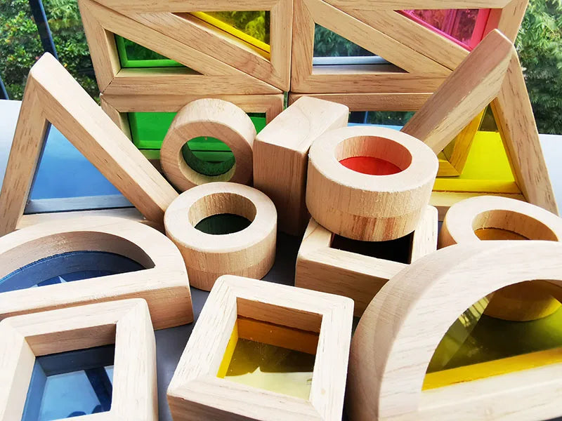 Brinquedo Blocos de Espelho Arco-Íris Montessori em Madeira