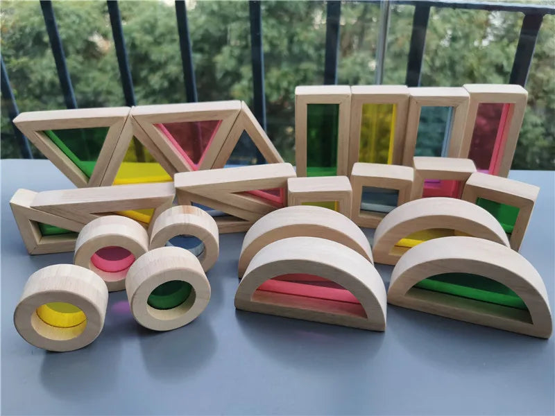 Brinquedo Blocos de Espelho Arco-Íris Montessori em Madeira