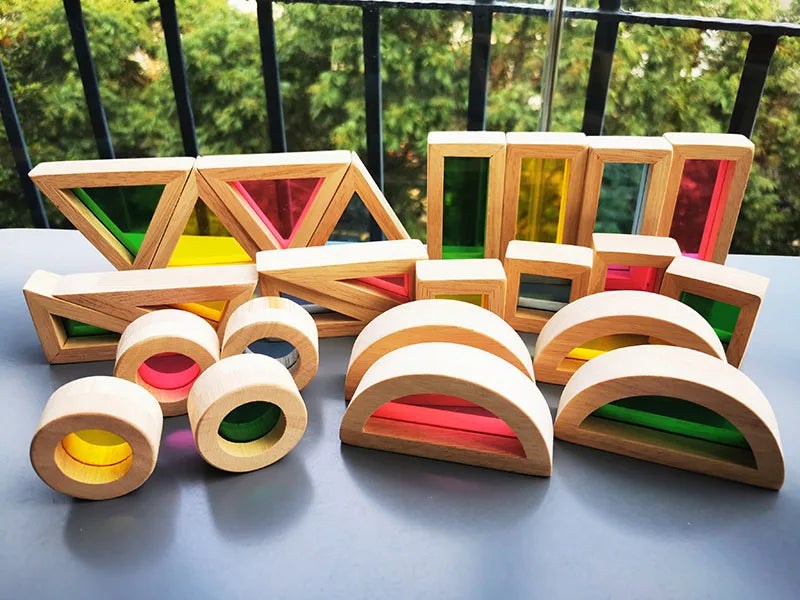 Brinquedo Blocos de Espelho Arco-Íris Montessori em Madeira