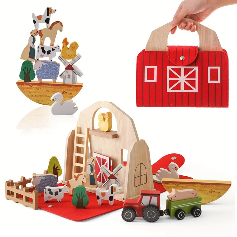 Celeiro de Animais de Madeira Brinquedo Educativo Montessori - 18 Peças