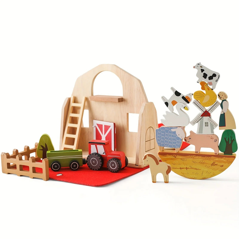 Celeiro de Animais de Madeira Brinquedo Educativo Montessori - 18 Peças