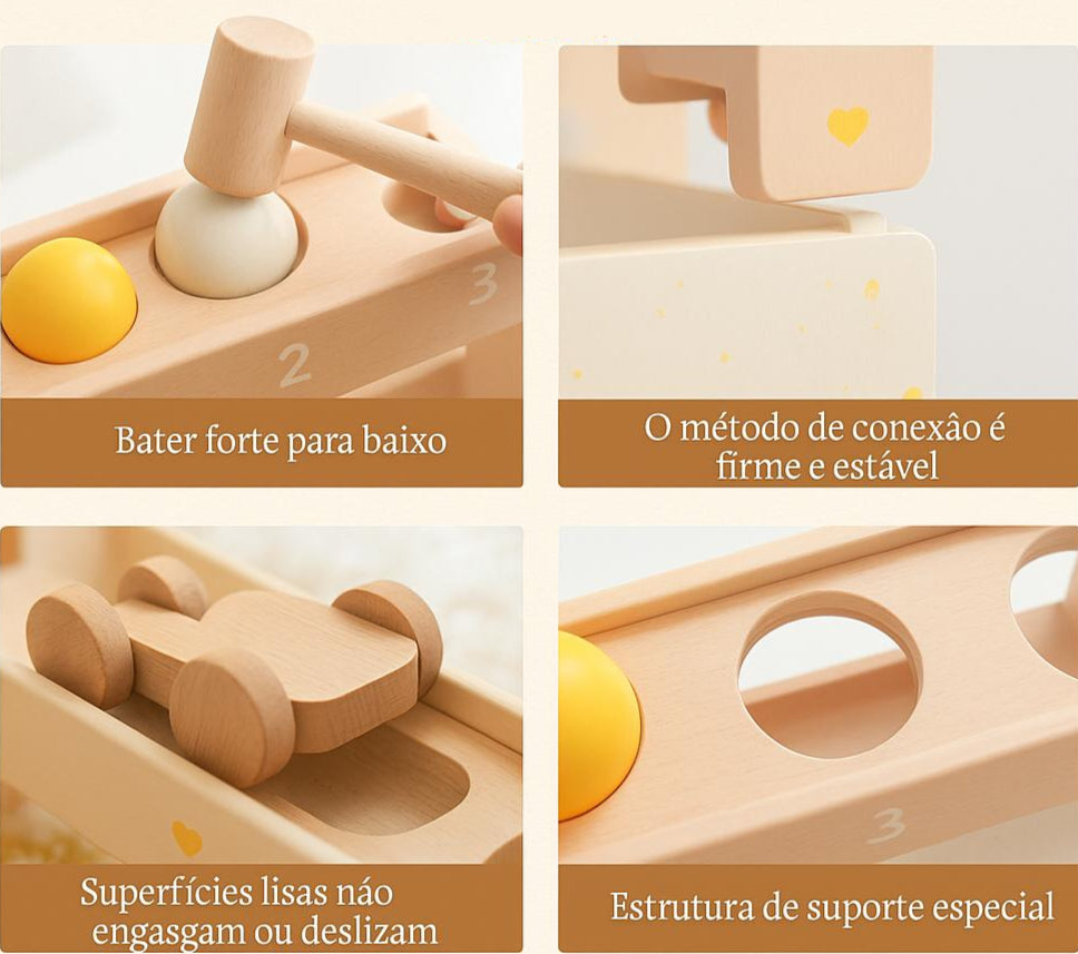 Pista de Madeira Montessori com Carrinho e Blocos