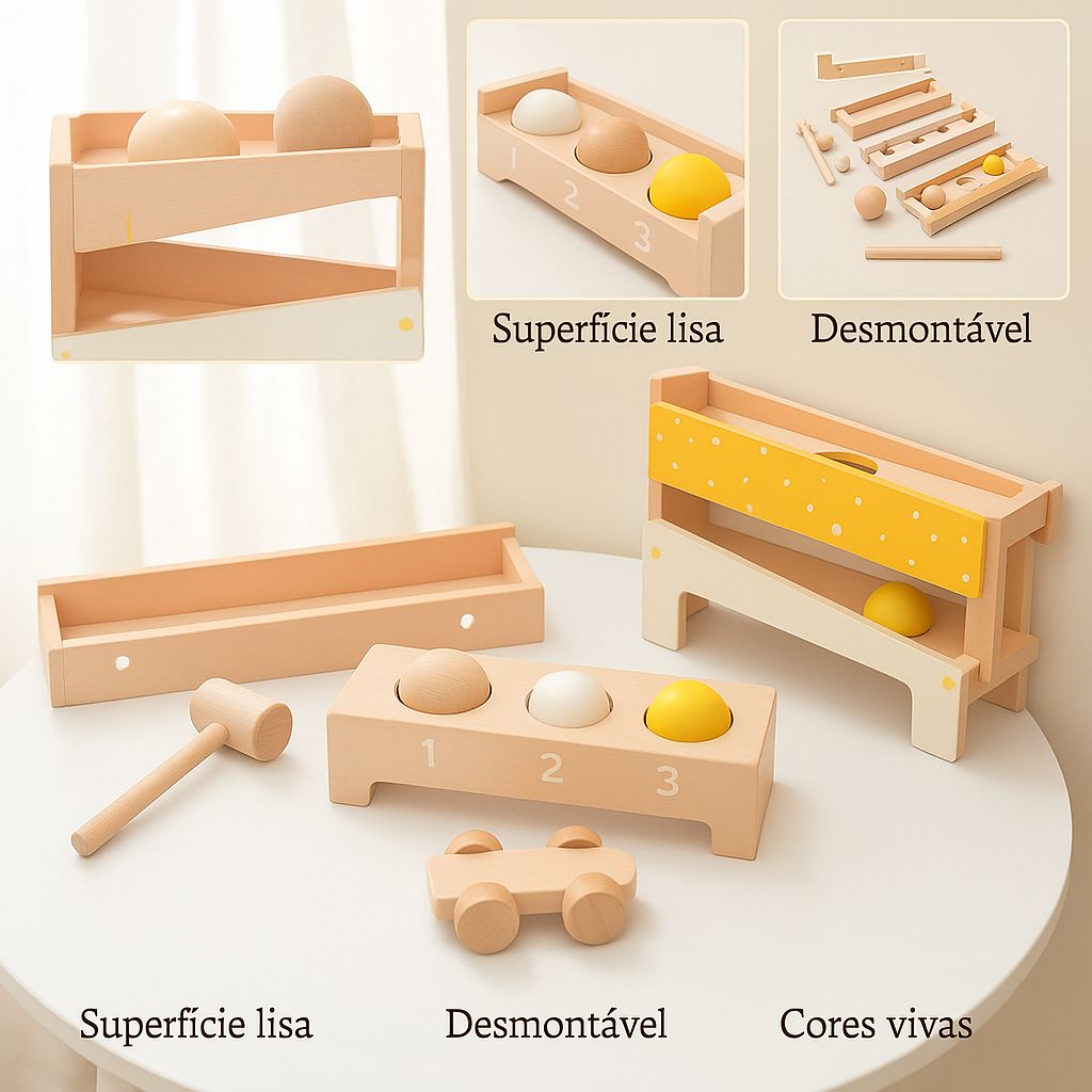 Pista de Madeira Montessori com Carrinho e Blocos