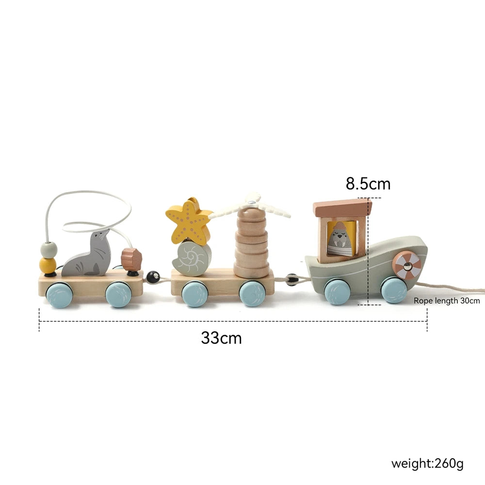 Brinquedo de trem montessori de madeira, fazenda de desenhos animados, oceano, floresta, animal, trem, jogo de empilhamento de madeira para bebê, brinquedo educacional precoce, presente para bebê