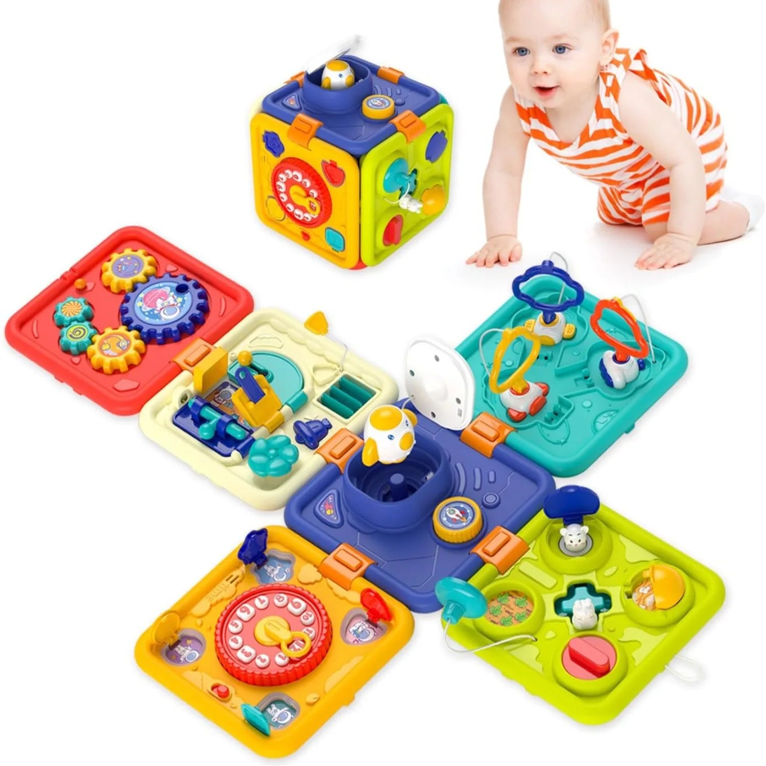 Cubo de atividade de aprendizagem 6 em 1 para bebês, placa ocupada, brinquedos sensoriais montessori com música e luzes para meninos e meninas, brinquedos educativos para crianças pequenas