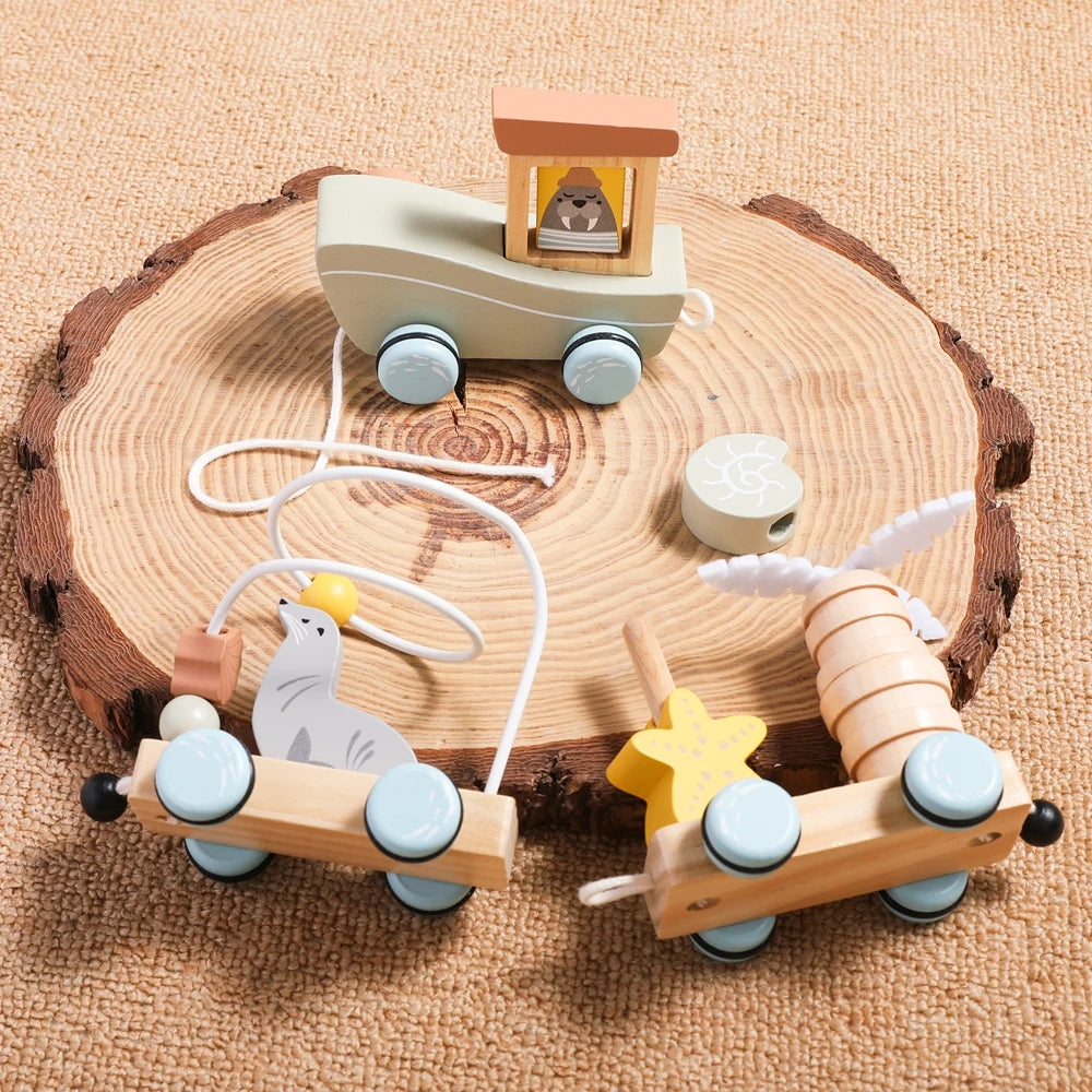 Brinquedo de trem montessori de madeira, fazenda de desenhos animados, oceano, floresta, animal, trem, jogo de empilhamento de madeira para bebê, brinquedo educacional precoce, presente para bebê
