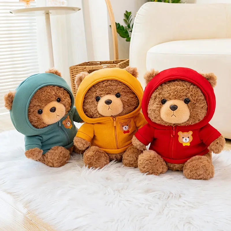 23cm urso de pelúcia brinquedo de pelúcia bonito com capuz suéteres urso boneca de pelúcia jumper urso de pelúcia brinquedos macios decoração para casa aniversário crianças presente
