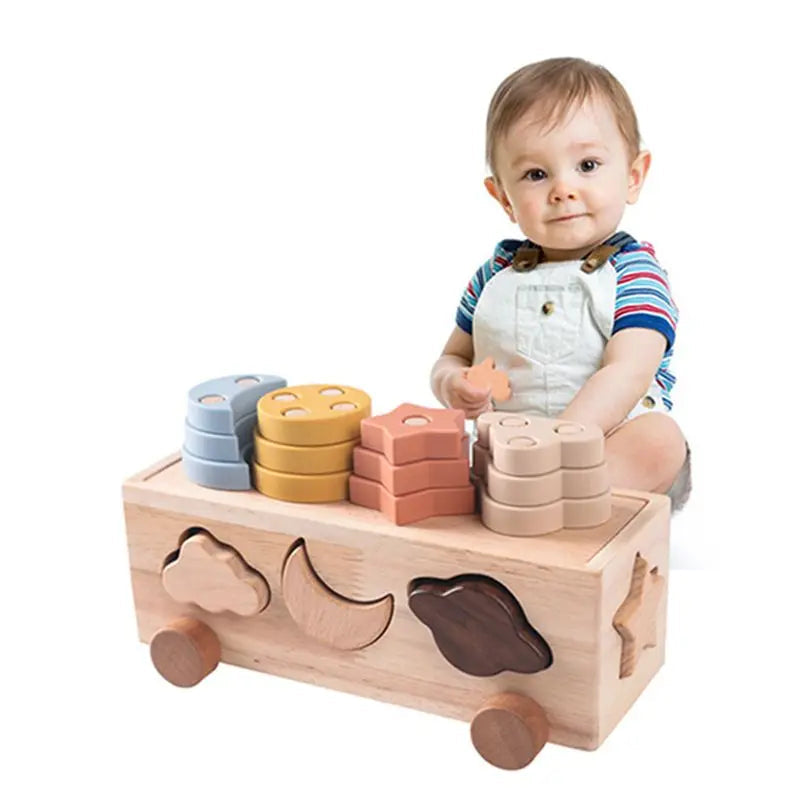 Blocos de Empilhamento de Madeira para Bebês, Carro Matching Learning, Forma Montessori, Blocos de Construção, Estrela e Lua, 0-3 Anos