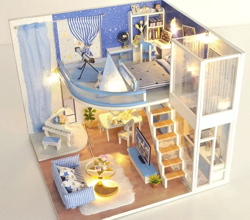 Casa de Boneca Musical com Luzes LED Móveis em Miniatura