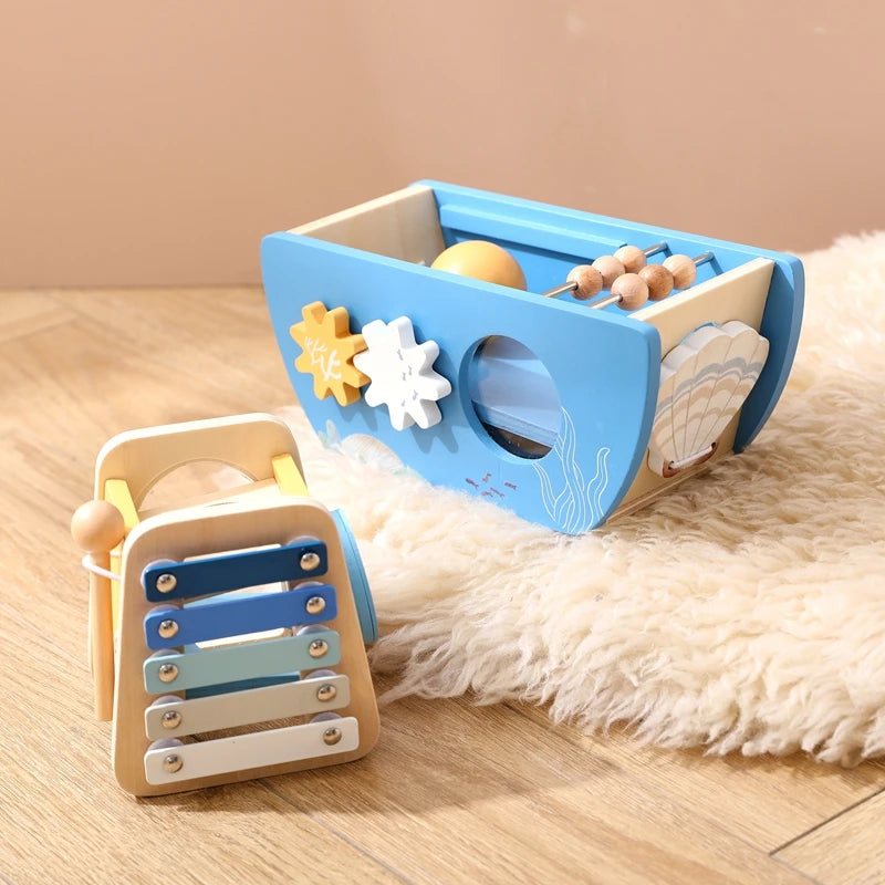 Navio Musical de Madeira Brinquedo Montessori 5 em 1