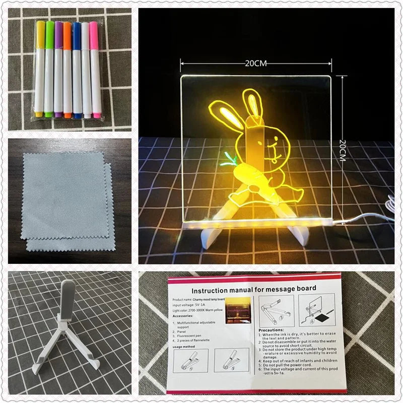 Prancheta de Desenho LED Acrílica Regravável para Crianças