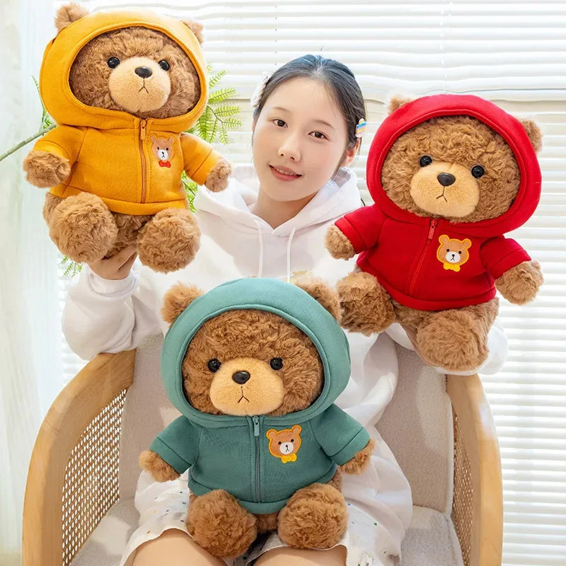 23cm urso de pelúcia brinquedo de pelúcia bonito com capuz suéteres urso boneca de pelúcia jumper urso de pelúcia brinquedos macios decoração para casa aniversário crianças presente
