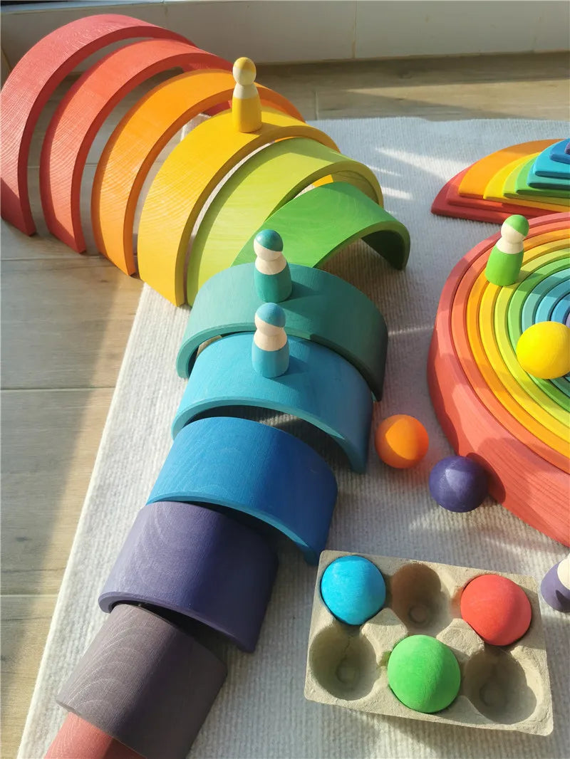 Brinquedo Blocos de Madeira Arco-Íris Montessori para Crianças