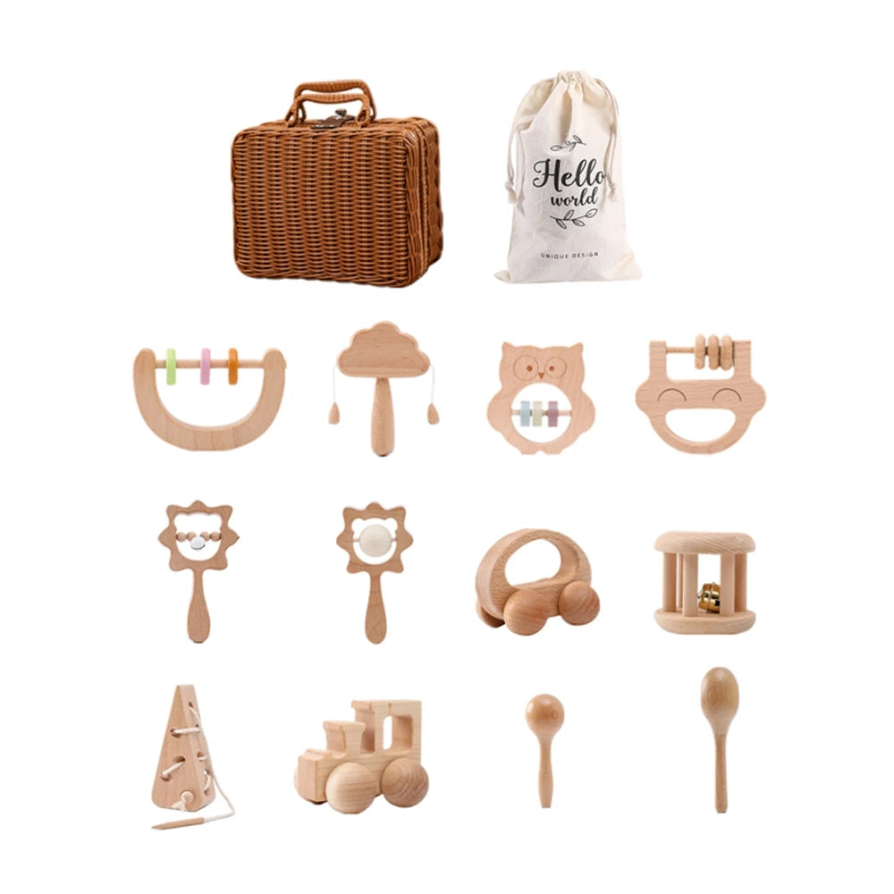 Kit Brinquedos Montessorianos de Madeira para Bebês na Cesta