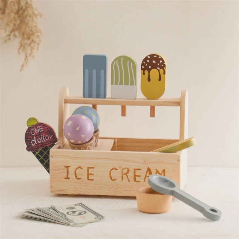 Brinquedos de sorvete de madeira para crianças, Pretend Play Simulation, Cone de sorvete Montessori, Brinquedos de cozinha, Presentes educativos pré-escolares