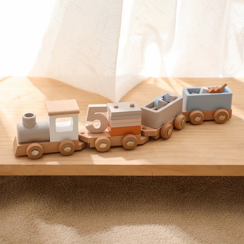 Brinquedo de trem montessori de madeira, fazenda de desenhos animados, oceano, floresta, animal, trem, jogo de empilhamento de madeira para bebê, brinquedo educacional precoce, presente para bebê