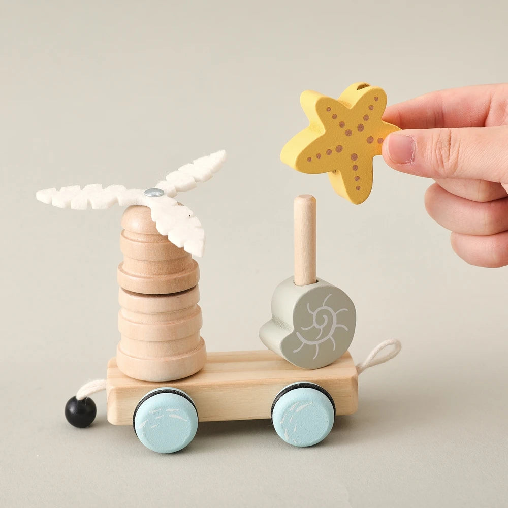 Brinquedo de trem montessori de madeira, fazenda de desenhos animados, oceano, floresta, animal, trem, jogo de empilhamento de madeira para bebê, brinquedo educacional precoce, presente para bebê
