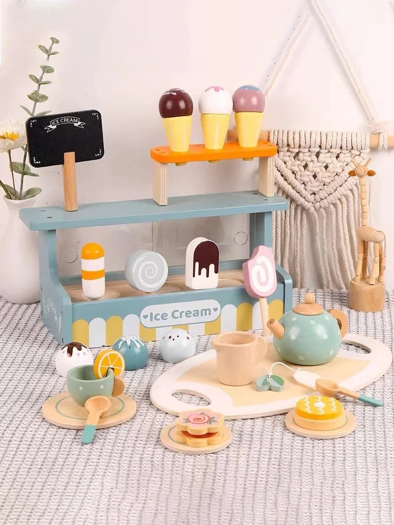 Conjunto Playset de Sorvete e Chá de Madeira Montessori
