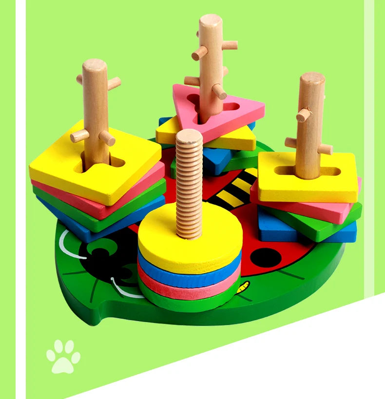 Blocos Geométricos de Encaixe em Madeira para Aprendizado de Formas e Cores