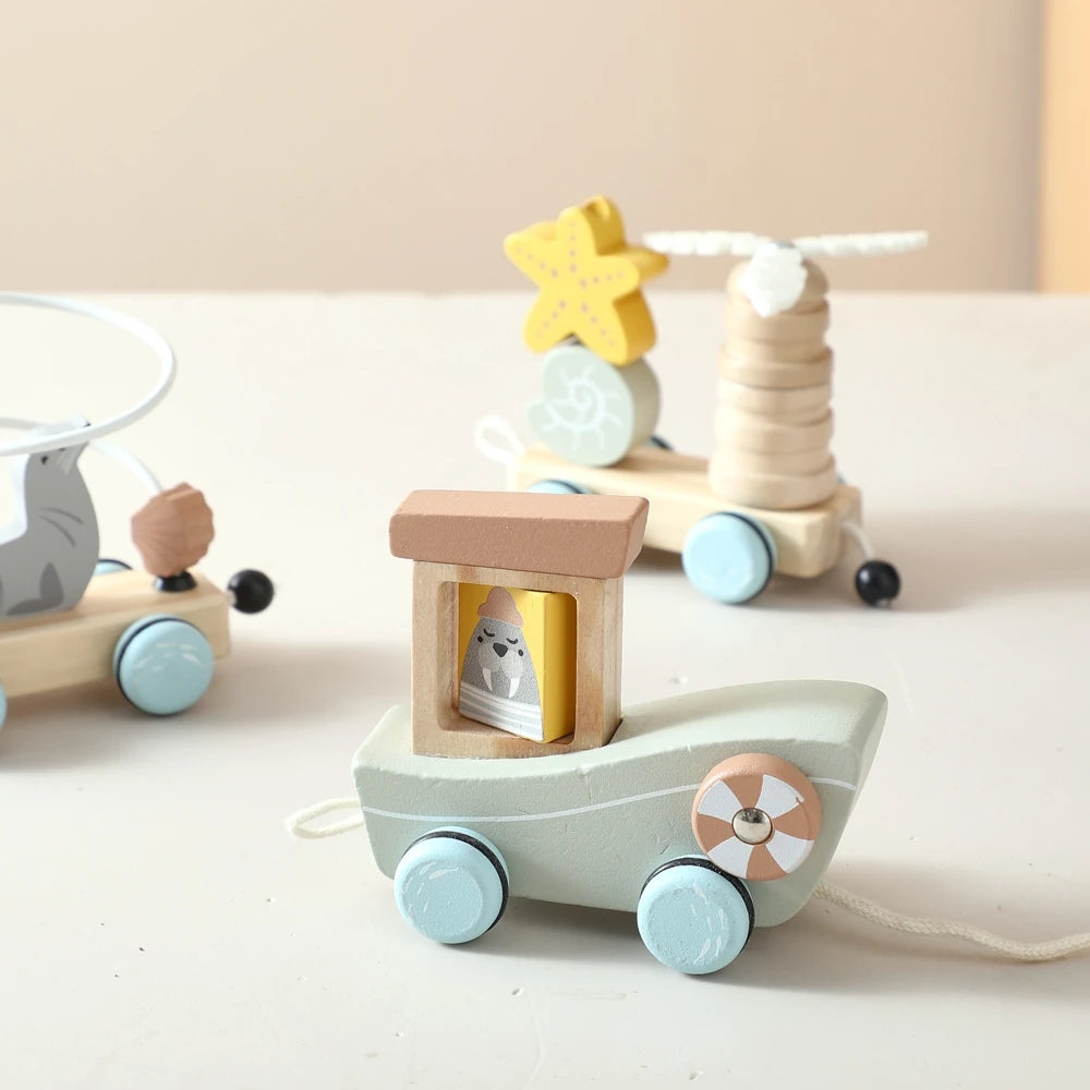 Brinquedo de trem montessori de madeira, fazenda de desenhos animados, oceano, floresta, animal, trem, jogo de empilhamento de madeira para bebê, brinquedo educacional precoce, presente para bebê