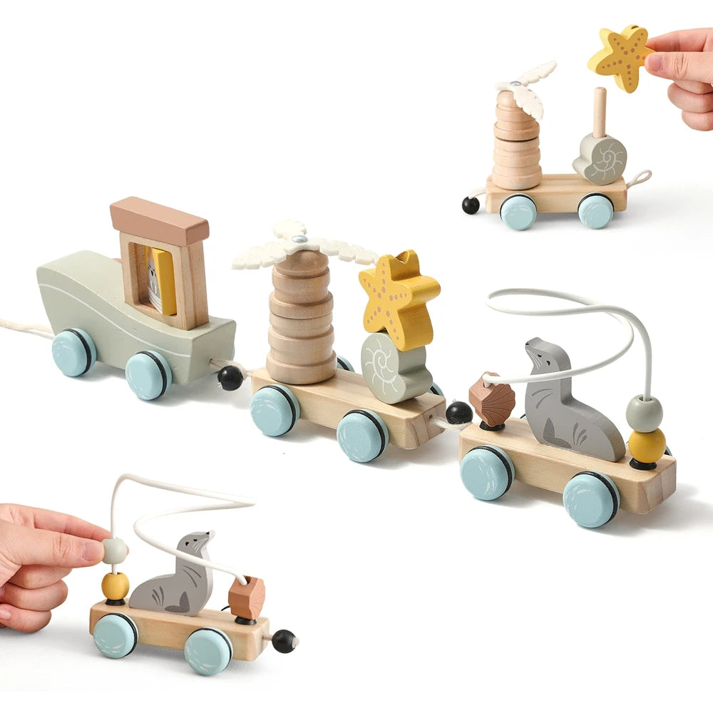 Brinquedo de trem montessori de madeira, fazenda de desenhos animados, oceano, floresta, animal, trem, jogo de empilhamento de madeira para bebê, brinquedo educacional precoce, presente para bebê