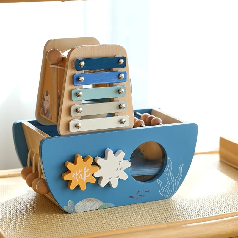 Navio Musical de Madeira Brinquedo Montessori 5 em 1