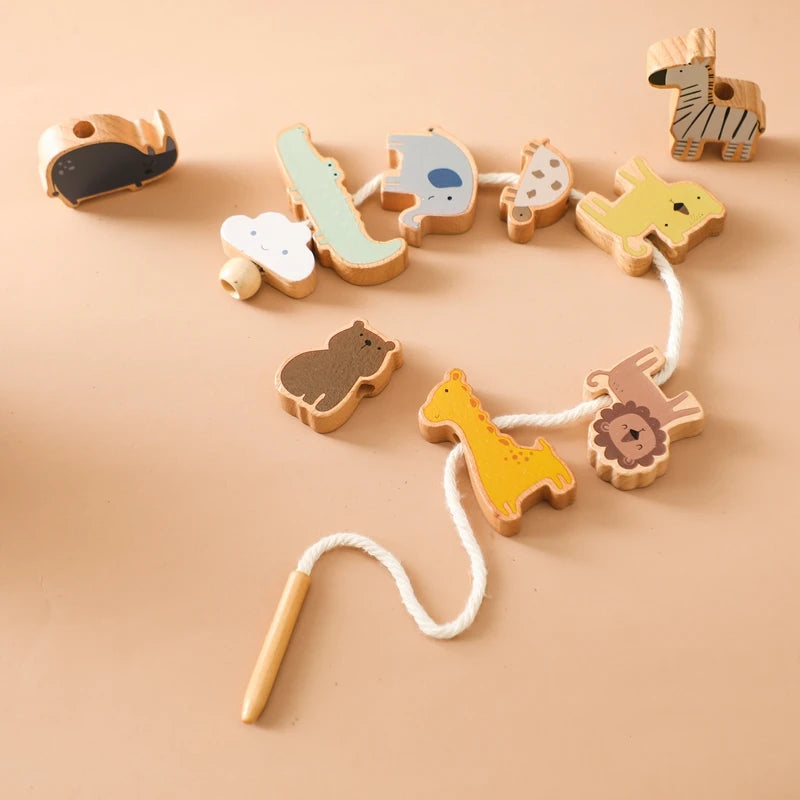 Bebê animal threading brinquedos de madeira empilhamento brinquedos blocos jogos de tabuleiro brinquedos de madeira bebê animal amarrando rosqueamento contas brinquedos presente