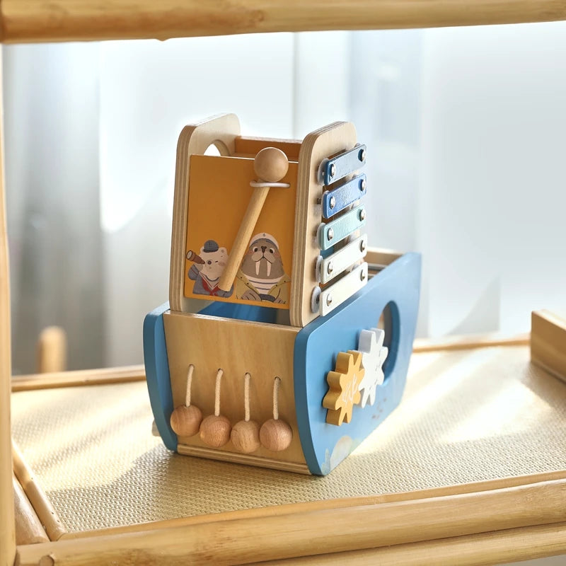 Navio Musical de Madeira Brinquedo Montessori 5 em 1