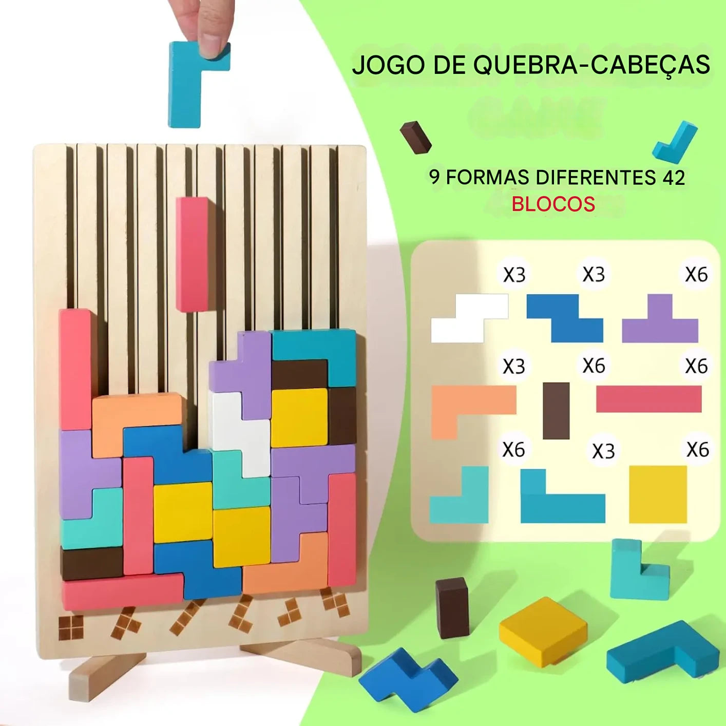 Blocos de Madeira Educativos 3D - Desafios Mentais Infantis Tetris