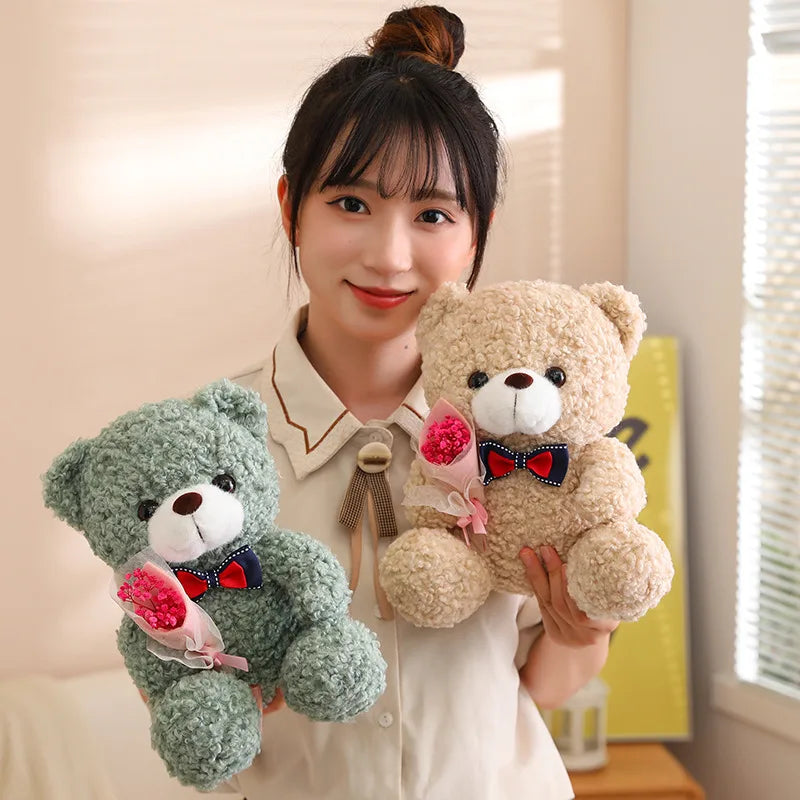 Urso de Pelúcia Kawaii com Bouquet - Presente Perfeito 25cm