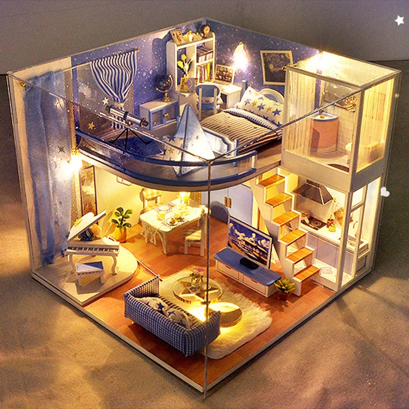 Casa de Boneca Musical com Luzes LED Móveis em Miniatura