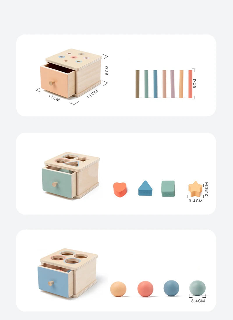 Caixa permanente de objeto de bebê montessori, brinquedo de madeira, forma de classificação de cores, caixa de correspondência, bola de moeda, caixa sensorial, habilidades motoras finas para