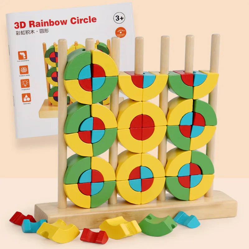 Brinquedo de Encaixe de Madeira Arco-Íris Montessori 3D Educativos