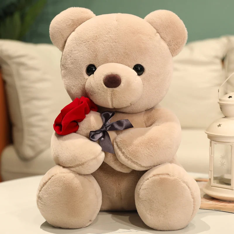 Urso de pelúcia kawaii com rosas, brinquedo de pelúcia macio, boneca de pelúcia, presente romântico para amantes, decoração de casa, presentes de dia dos namorados para meninas