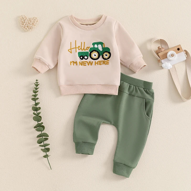 Suefunskry-Baby Boys Pulôver Manga Longa e Calças Set, Trator Bordado, Cor Sólida Tops, Roupas de Outono, 2pcs
