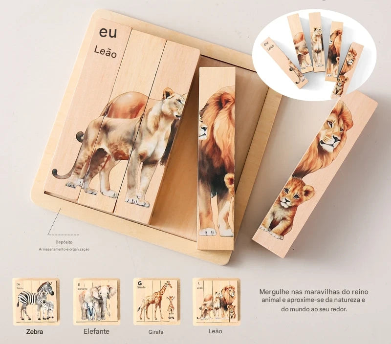Quebra-Cabeça Montessori de Madeira com Animais da Floresta