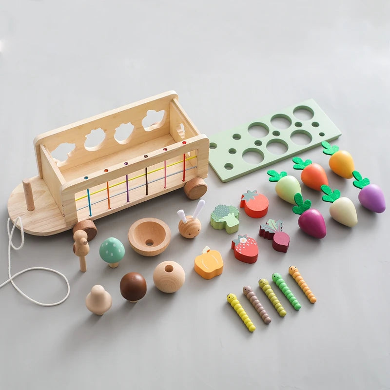 Brinquedo Educativo de Madeira Montessori Cenoura Carrinho de Puxar