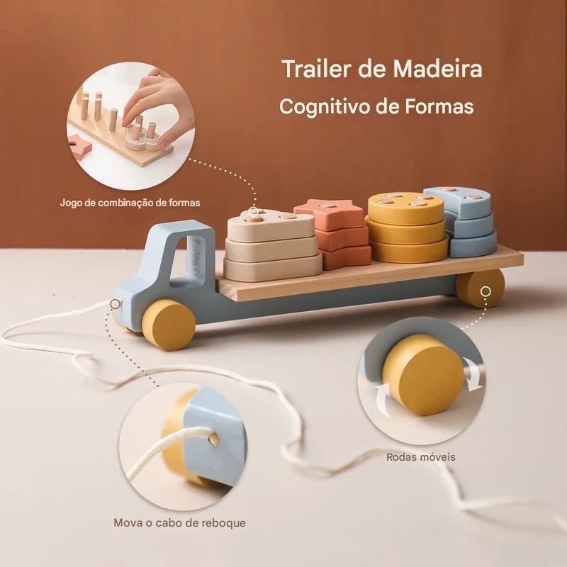 Reboque de Madeira e Silicone Divertido  Coordenação e Cores para Bebês