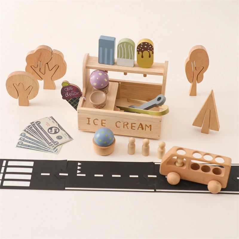 Brinquedos de sorvete de madeira para crianças, Pretend Play Simulation, Cone de sorvete Montessori, Brinquedos de cozinha, Presentes educativos pré-escolares