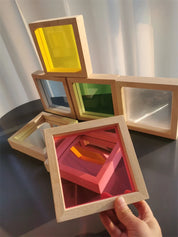 Brinquedo Blocos de Espelho Arco-Íris Montessori em Madeira