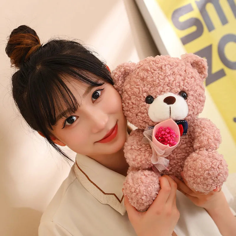 Urso de Pelúcia Kawaii com Bouquet - Presente Perfeito 25cm