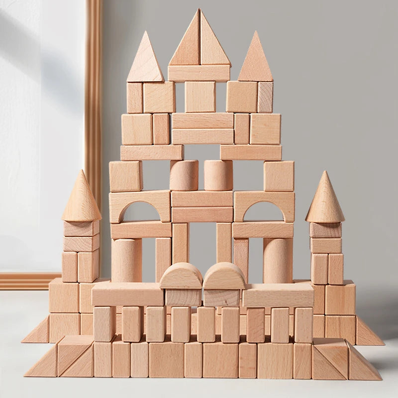 Blocos de Construção Montessori em Madeira Natural - 100 Peças