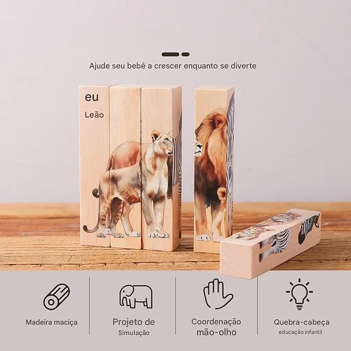 Quebra-Cabeça Montessori de Madeira com Animais da Floresta