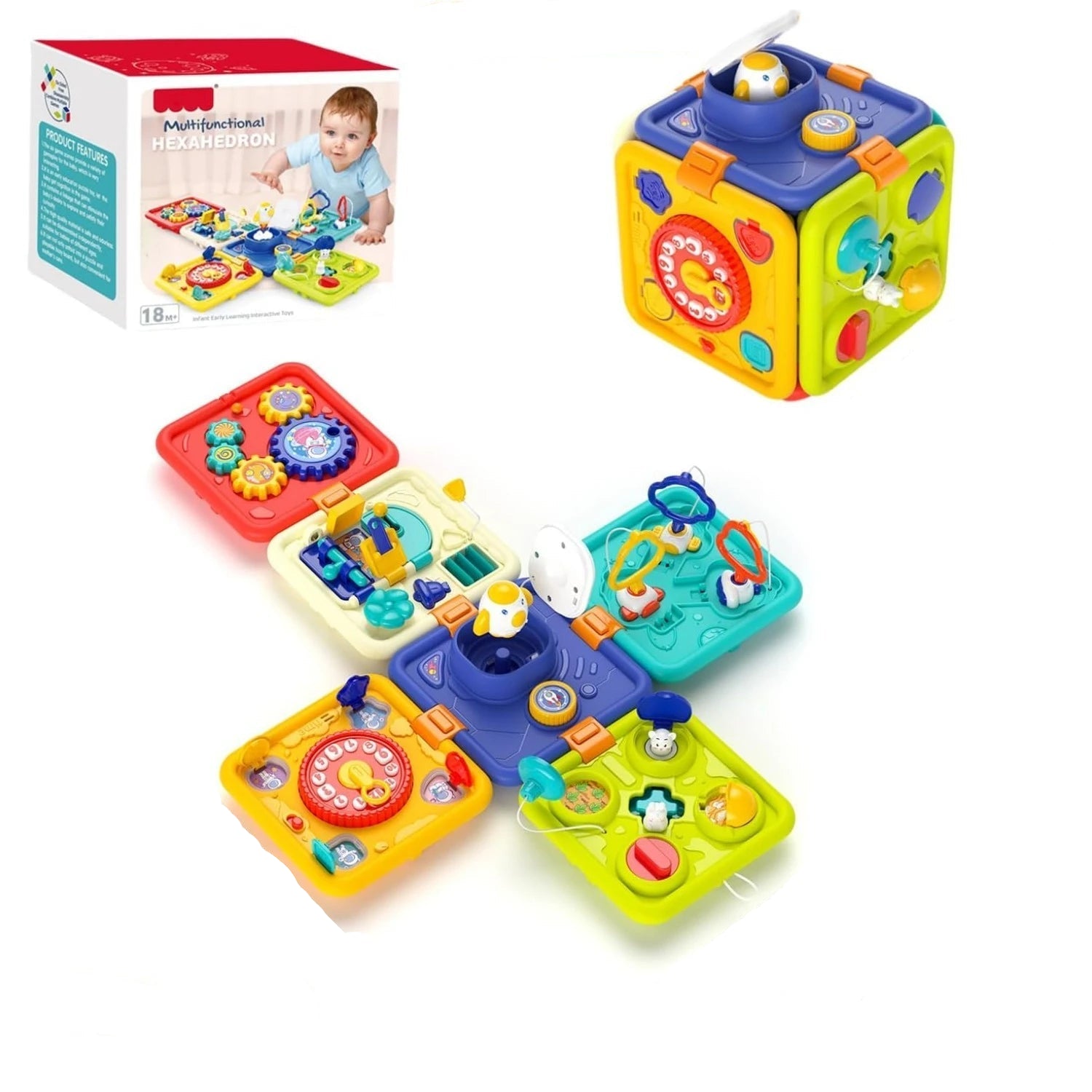 Cubo de atividade de aprendizagem 6 em 1 para bebês, placa ocupada, brinquedos sensoriais montessori com música e luzes para meninos e meninas, brinquedos educativos para crianças pequenas