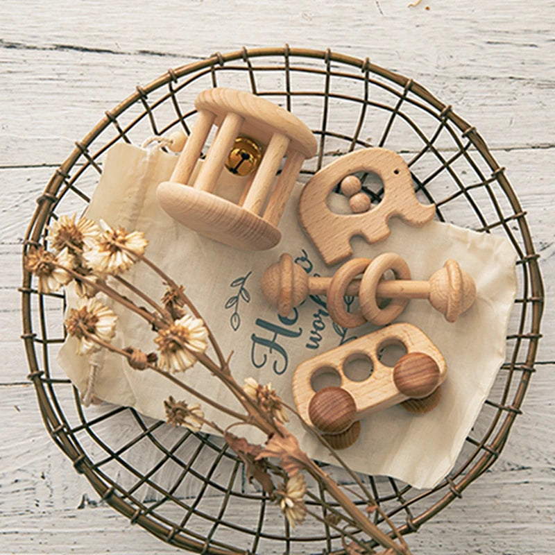 Conjunto de brinquedos Montessori de madeira para bebê recém-nascido, brinquedos educativos chocalho, presente de conforto, 0-12 meses, 0-12 meses