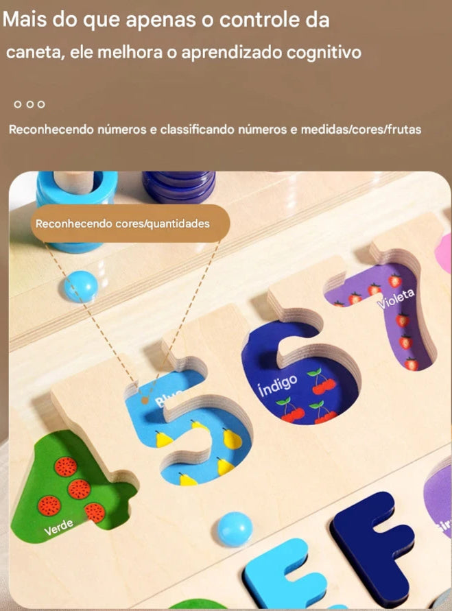 Brinquedo Educativo de Madeira Montessori - Tabuleiro Letras e Números